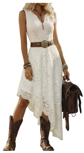 GORGLITTER Women's Western Cowgirl Flowy Lace Long Dresses Ruffle Dress | Retro Western Country Style, V Neck, Sleeveless, Asymmetrical Hem, Going Out Vacation Dress