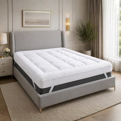 Mattress Topper 10cm (4-Inch) Extra Thick Double Bed - Box Stitched Microfibre Quilted Mattress Topper & Hollowfibre Fill - Easy Fit Straps & 1100GSM - Breathable & Hotel Quality (Double, 137x190cm)