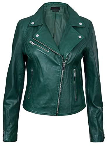 Damer läderjacka klassisk biker-stil äkta läder damjacka, gRÖN, XS