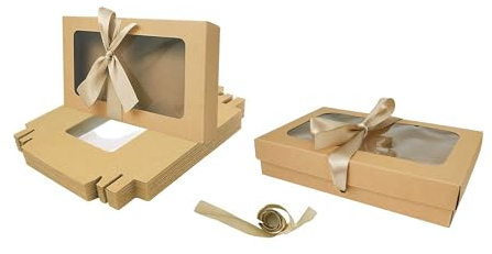 Emartbuy presentförpackning med klart fönster – brun låda + guld satinband – förpackning med 36 – storlek 3 (25 x 15 x 5 cm) – perfekt för korg, godis, evenemang och festliga presenter