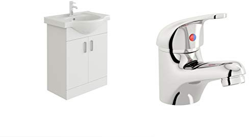 VeeBath Linx 650 Vanity Unit with Ceramic Wash Basin Sink and Mono Mixer Tap, Floor Standing, Soft Close Doors Bathroom Storage Cabinet- White (Flat Pack)