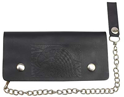 MARSHAL Men's Genuine Leather Long Chain Biker Wallet Black Billfold Trucker (Eagle Black)