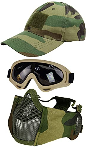 Hodeacc Taktische Maske, Baseballkappen-Set, Verstellbare Halbgesichtsmaske Mit Ohrenschutz, Anti-UV-Brille, Augenschutz, Outdoor-Hut für Airsoft/BB/CS-Spiele, 3-Teilig