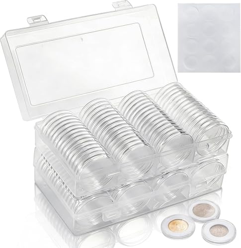 ZOOFOX 120 Pieces Clear Plastic Coin Capsules, 40 mm Silver Dollar Coin Case Container with Storage Organizer Box for Collectors, Morgan Silver Dollar Coin Protectors with Adjustable Gasket