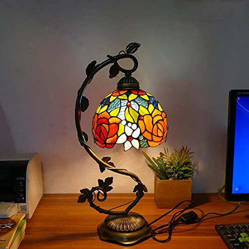 MOLOURK 8 Zoll Tischlampe Mit Schalter Pfingstrose Design Schreibtisch Lampe Retro Wohnzimmer Nostalgie Bar Cafe Nachtlicht Nachttischlampe Retro Metall Base Lampenschirm aus Buntglas H52CM MAX40W