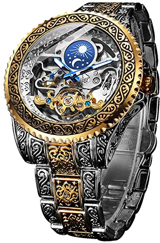 FORSINING Retro Watch for Men Carved Self-Wind Mechanical Tattoo Tourbillon Moon Phase Independent Seconds Skeleton Automatic Big Dial Wrist Watches, gold, Mechanical