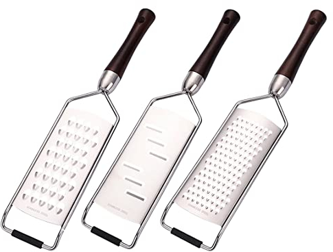 UPTALY 3 ralladores de queso de acero inoxidable con mango de madera (31.5cm x 6.5cm), rallador de limón con mango largo, rallador ancho de nuez moscada, trituradora de papas grande