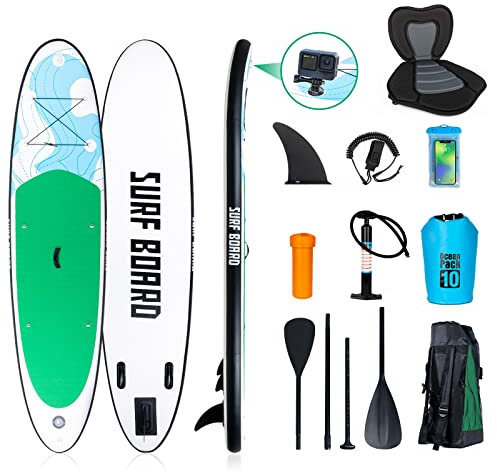 YU YUSING Aufblasbares SUP Board Set, Stand Up Padding Board, 320x76x16.5cm mit Verstellbarem Paddel, Pumpe, Rucksack, Leine, wasserdichte Tasche, GO-Pro Base, 10.6' 150kg für Erwachsene Jugendliche