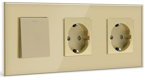 BSSED Lichtschalter mit Doppelt Steckdose 1 Fach 1 Weg, 10A Kristall Glas Platte Wandschalter mit 16A Schuko, Gold, Physische Taste Schalter