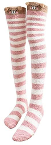 Liummrcy Fleece Thigh High Long Socks Fleece Overknee Socks 1 Pair Fleece Thigh High Long Socks, Striped Long Socks High Fuzzy Socks Over Knee Fleece Stocking, Pink Bear Over Knee High Stockings