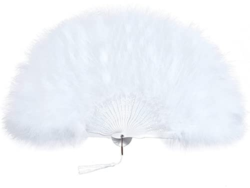 SHTGOI Feather Fan Vintage Foldable Hand Fan with Tassels Elegant Dance Hand Fan Women's Feather Fan Folding Fan for Theme Party Wedding Prom White