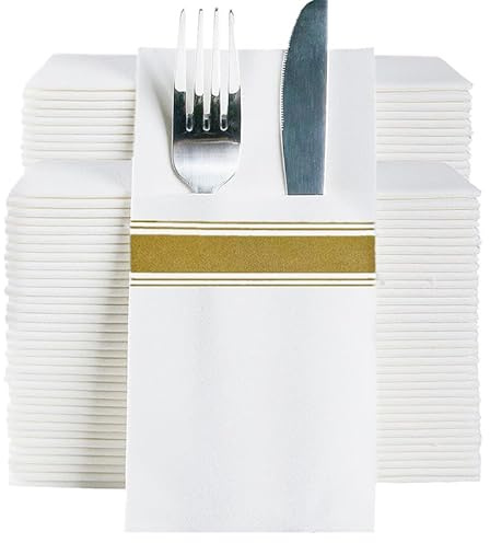 DADAWU Tovaglioli usa e getta come con tasca per posate incorporata, tovagliolo bianco per feste di nozze, prepiegati per argenteria, confezione da 50 (oro, 100 pezzi), 50PCS