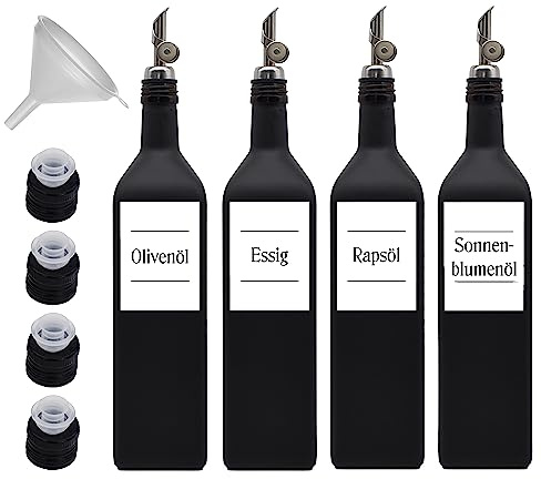 Ölflaschen 1 Liter schwarz-matt zum Befüllen mit Edelstahl-Ausgießer - wasserfeste Etiketten - Made in Germany - mit Deckel - langlebig (Free-Flow Ausgießer)