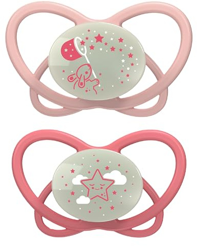nip - Butterfly Night | 0-6 Monate | 2er Pack | Stillfreundlicher, zahnfreundlicher Babyschnuller mit Leuchtknopf inkl. Schnullerbox. Nachhaltiger Schnuller mit weichem Silikonsauger, Rosa/Rot