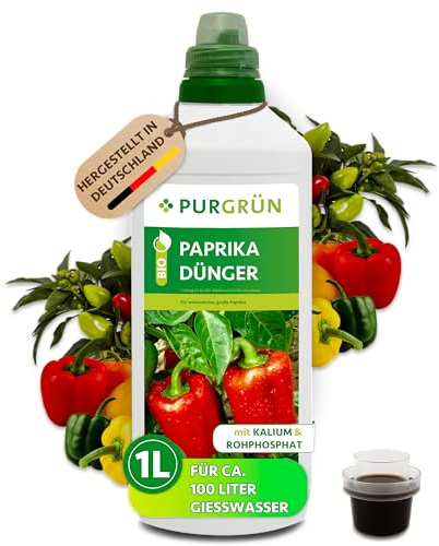 Purgrün® Bio-Paprika-Dünger 1 Liter – Aromatische Paprikaschoten dank Spezial-Rezeptur – Premium-Dünger für den biologischen Anbau – Ohne tierische Inhaltsstoffe – Konzentrat für 100 Liter Wasser