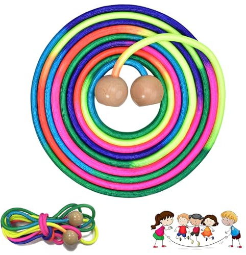 Donluhu Springseil Kinder, 5 Meter Springseil Lang Mehrspringer Kinder, Runder Holzgriff, Nylon Regenbogenseil, Weich & Flexibel,Outdoor Sportgeräte für 6,7,8,9,10 Jahre