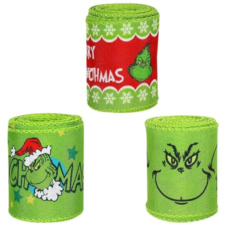 NAUZE 3 rotoli di nastro natalizio con bordo metallico, Grinch, divertente, con personaggi dei cartoni animati, nastro colorato in tessuto per confezioni regalo, decorazione dell'albero di Natale