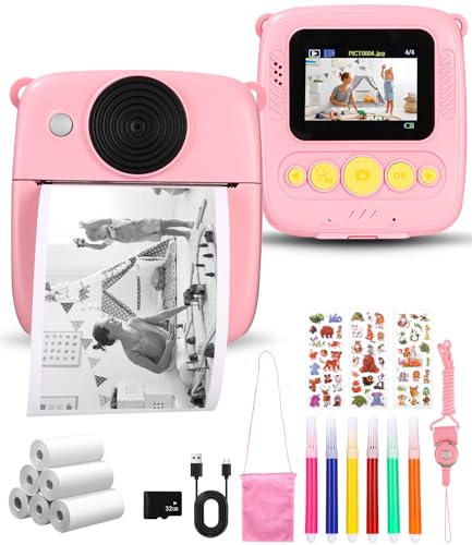 Appareil Photo Enfant Instantanée,1080P, 2,0 Pouces Appareil Photo pour Enfants, 32GB Carte Mémoire, 6 x Papier d'impression, Cadeau pour Les Garçons et Les Filles 3-12 Ans
