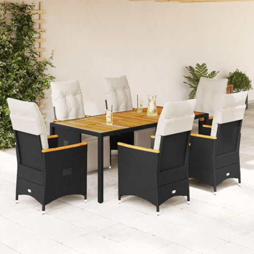 Homgoday Bistro-Set für den Garten, 7-teilig, mit schwarzen Kissen aus Polyrattan, Gartenmöbel, Tisch und Stühle für den Außenbereich