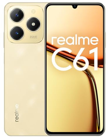 realme C61 smartphone 4G, 6+128GB, Batteria di lunga durata da 5000 mAh, Design ultra sottile da 7,74 mm, Potente chipset octa-core, Motore di incremento AI, Oro, nessun adattatore