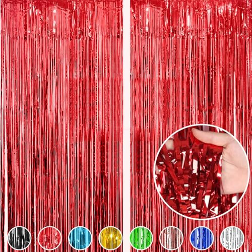 2pcs 3.2ft x 6.5ft Foil Curtain Decorations, Foil Fringe Curtains Streamers Backdrop for Birthday Graduation Wedding Engagement Bridal Shower Bachelorette Holiday Party Decoration(Red)