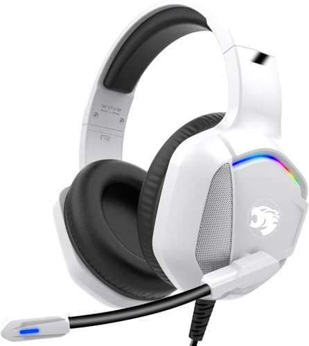 IMYB Gaming Headset with Microphone for Pc, Xbox One Series X/s, Ps4, Ps5, Stereo Wired Noise Cancelling Over-Ear Headphones with Mic, RGB, for Computer, Laptop, Mac, Gamer (White)