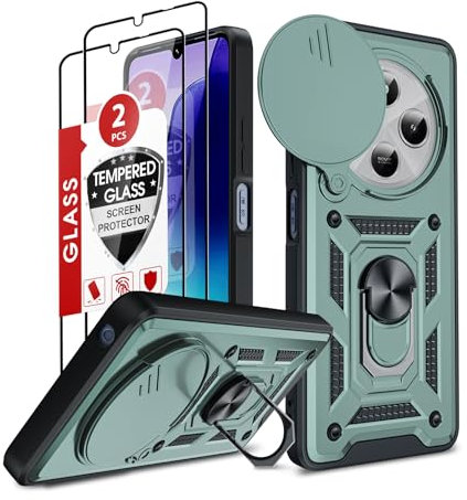 LeYi Kamera Klappe Handyhülle für Xiaomi Redmi 14C 4G Hülle & 2 Hartglas Handyfolie, Militärschutz Metallständer Schutzhülle Robust Kamera Abdeckung Case Halterung Handy Hüllen Fallschutz Cover Grün