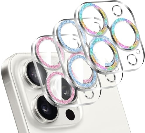 LucBuy 3 Pezzi Protezione per Obiettivo Fotocamera Scintillante per iPhone 13 Pro/iPhone 13 Pro Max, Copertura Acrilica Trasparente Completa Decorazione Glitterata Colorata Protezione per Fotocamera