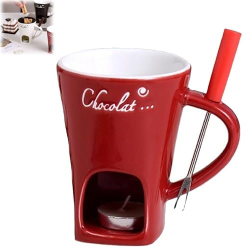 QuyiFa Tasse à Fondue au Chocolat avec fourchettes, Ensemble de Tasses à Fondue au Chocolat personnelles, Ensemble de casseroles à Fondue avec Bougie Chauffe-Plat (Rouge)