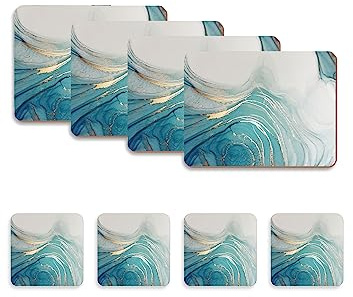 Placemats and Coasters Set of 4 - Printed Design, Heat Resistant, Waterproof, Non-Slip Cork Table Mats in Gloss Finish, Elegant Placemats & Coasters for Cups, Mugs, Plates & Pans - Aqua Marble