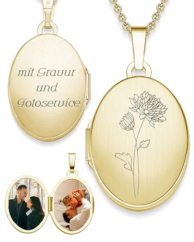 Amoonìc Damen Medaillon mit Geburtsblume oval Silber 925 / Gold vergoldet | Kette zum Öffnen für Bilder personalisiert mit Geburtsblumen Gravur, Geschenk Geburtstag