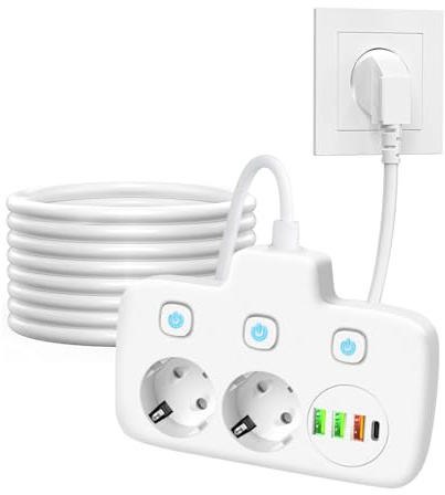 KBIBCK Steckdosenleiste mit USB, 2 Fach Mehrfachsteckdose mit Schalter, 6 in 1 Steckdosenadapter mit 3 USB+1 PD, Mehrfachstecker für Steckdose mit 2M Kabel,Doppelstecker für Steckdose für Zuhause Büro
