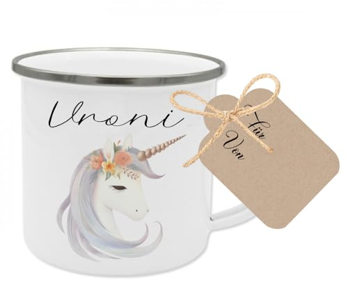 Manufaktur Liebevoll Namenstasse Kinder Kindertasse Personalisiert Emaille Tasse Mädchen Junge Geschenk Einhorn Becher