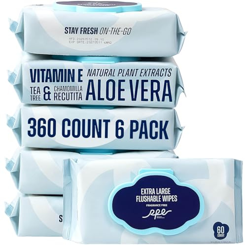 RPE Life Flushable Wet Wipes - 6 Large Packs (360 Ct) - Unscented Extra-Large Body & Hand Tissue with Vitamin E & Aloe - For Adults, Children & Kids - Ideal for Home, Bathroom, Car & Everyday Hygiene