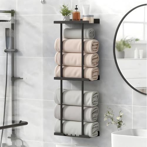 Towel Rack Wall Mounted 3-Tier Metal Heavy Duty Towel Holder for Rolled Towels Storage for Small Bathroom Organizer RV Camper Toilet,31.5x 7.8 x 5.5Inches,Black