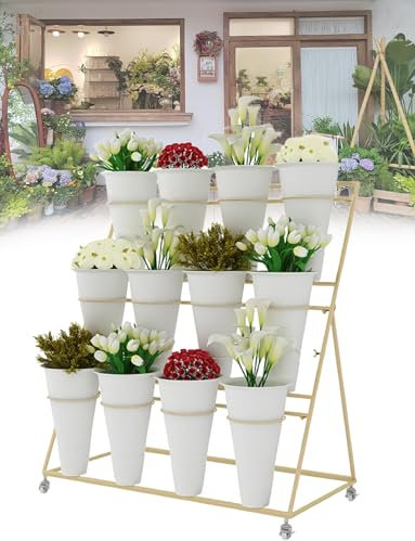 Generico Espositore for Fiori con secchi, espositore for Fiori a 3 Livelli, espositore for carrelli portafiori Resistente con Ruote for Negozi di Fiori al Coperto, Bar for Fiori(A)