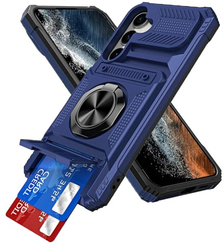 IMEIKONST Coque pour Samsung Galaxy S23 FE avec Porte Carte Bleu TCKB | Anneau Magnétique Béquille, Protection Caméra, Silicone Protection Militaire Antichoc Étui, PC Dur Anti-Rayures Housse