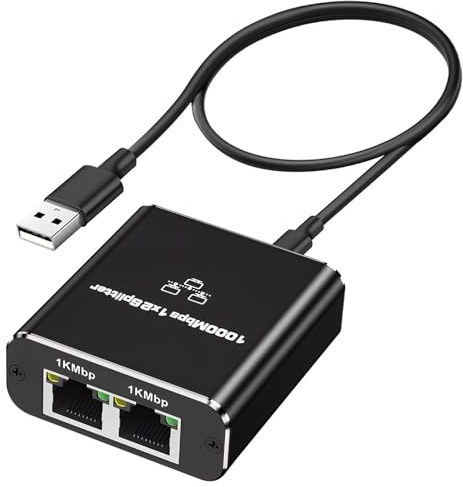 Switch Ethernet 2 Ports, Splitter 1000M Gigabit Switch Ethernet RJ45 1 à 2 LAN Splitter Répartiteur LAN avec Câble d'alimentation pour Ordinateur Routeur Commutateur Télévision, sans POE
