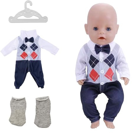 Baby Puppe Kleidung für 14-18 Zoll ，3 Stück Puppenkleidung 35-45cm Hemd-Set Anzug ，Gekleidete Latzhose + Paar graue Socken + weißer Kleiderbügel3-teiliges Hemd-Set