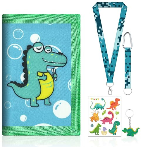 LbsAMP Geldbeutel Kinder Dinosaurier Trifold Niedlich Portemonnaie Cartera Niño Dinosaurio con Cordón Pegatina y Llavero Adorable Monedero Cartera de Cuello Dibujos Animados Muchachas Chicos Billetera