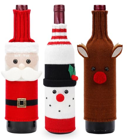 KEQAR 3 Bolsas para Botellas de Vino de Navidad, Fundas Decorativas con Motivos de Papá Noel, Muñeco de Nieve y Reno, Regalo Ideal para Mesa y Decoración Festiva