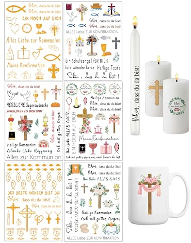 KONFEN 6 Stück Taufe Kommunion Kerzen Aufkleber, DIY Deko Kerzentattoos Wasserschiebefolie, Rub Ons Transferdruck Kerzenfolie Kerzensticker Kerzen Tassen Feier Starke Haftung Klare Farbige Muster