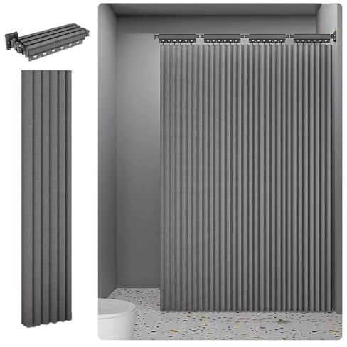 Faltbarer Duschvorhang，Duschvorhangstange Ohne Bohren， Verstellbarer Winkel Duschvorhangstange,Wasserdicht/Waschbar für Wandmontage Eckvorhangstangen，mit Haken（4-Fach，180 * 200cm）