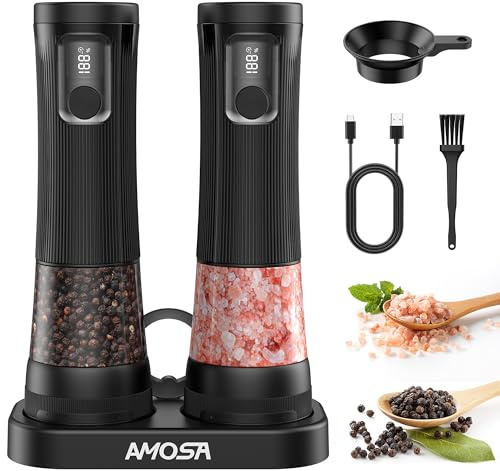 AMOSA Juego de Molinillo Pimienta Electrico de Sal, 2 Velocidade Ajustable, 5 Niveles de Grueso Externos Regulables, Saleros de Cocina con Pantalla de Batería, Base de almacenamiento & Luz LED, Negro