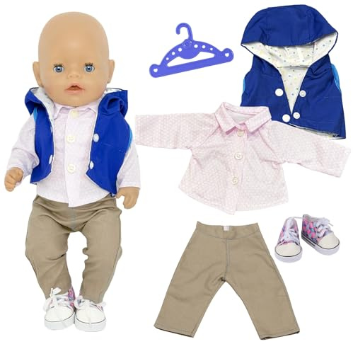 Puppenkleidung für 12–16 Zoll große Babypuppen Jungen, Coole Denim-Pulloverjacke, Hose, Oberteil, Canvas-Schuhe & Kleiderbügel – Baby Puppenzubehör 30-35cm als Geschenk für Jungen und Mädchen