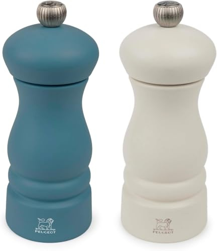 PEUGEOT – Duo Molinos de pimienta y sal Clermont 13 cm – Azul celeste y | Ajuste clásico – Mecanismo Zirlion – Madera etiquetada PEFC – Fabricación francesa