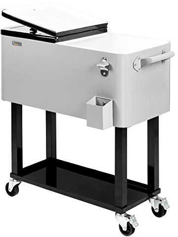 VINGLI 80 Quart Rolling Ice Chest, Portable Patio Party Bar Drink Cooler Cart, with Shelf, Beverage Pool with Bottle Opener,Grey
