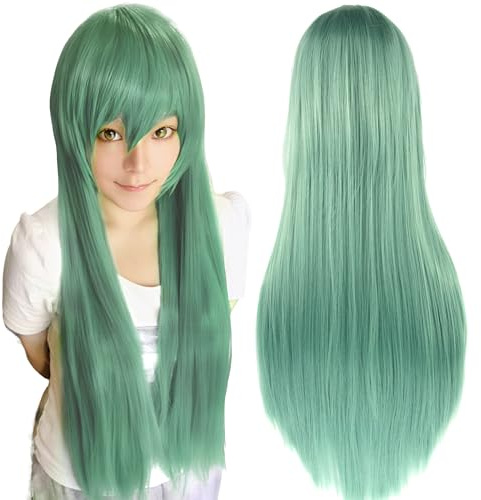 IMISSU Pelucas de Cosplay de pelo Natural liso de 80cm de largo con flequillo, peluca colorida de fiesta de disfraces de Halloween para niña (Verde claro)