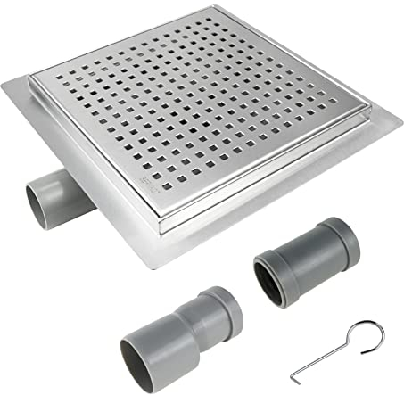 Bernkot DN50 DN40 - Canna da doccia quadrata 20 x 20 cm, sifone a 360 ° con antiodore e colino per capelli in acciaio inox con grondaia di scarico del pavimento molto piatto