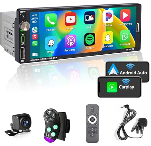 Alondy Single Din Car Stereo with Touchscreen (6.9) Compatible with [Wireless] Apple CarPlay/Android Auto Bluetooth AM/FM/RDS Radio USB (Type-C 2.1A Fast Charge) backup Camera
